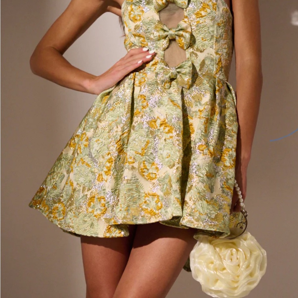 AKIRA Strapless Floral Dress - Green and Gold